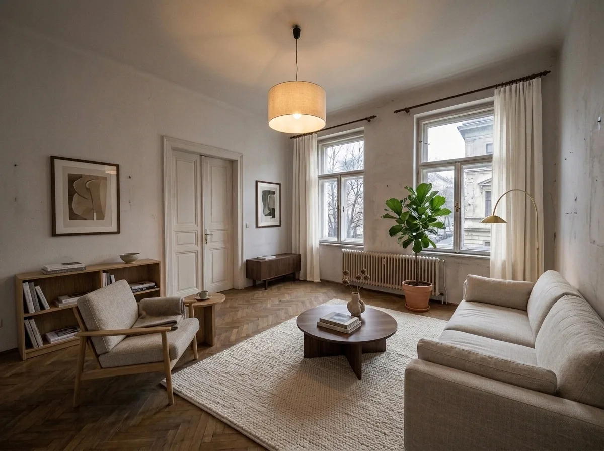 Virtuell eingerichteter Altbau-Wohnraum mit hellem Sofa und Stehleuchte
